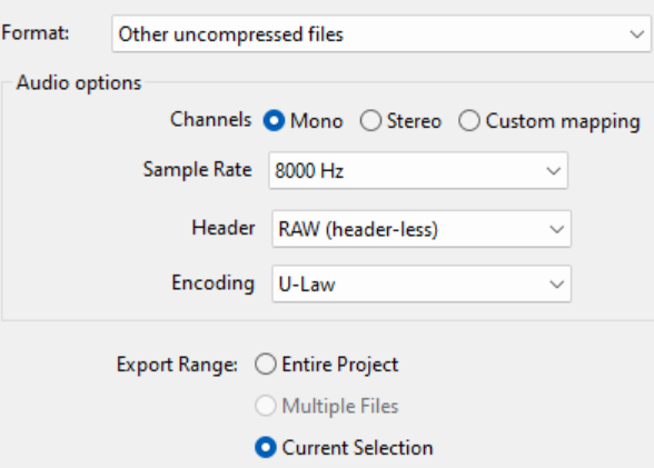 Параметры raw U-Law, Mono и 8000 Hz при экспорте в Audacity