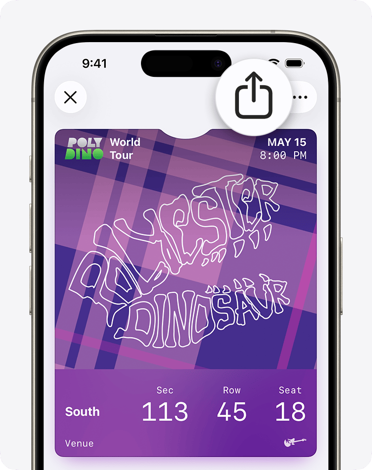 Кнопка Share на билете в Apple Wallet