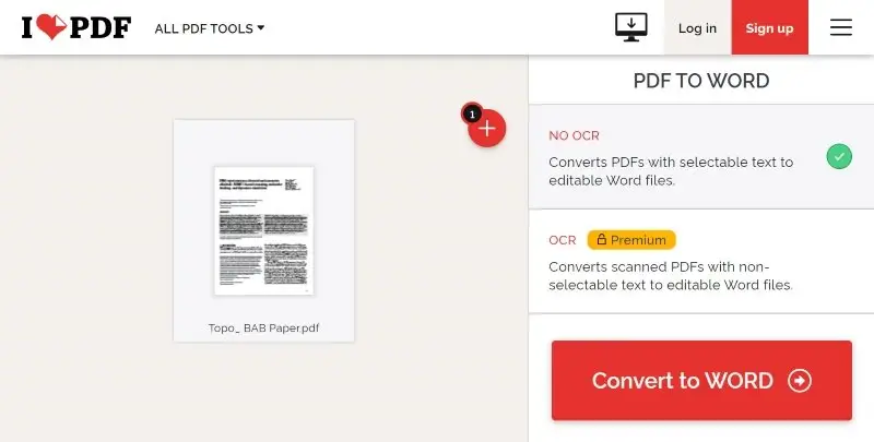 Выбор обычной конвертации и OCR в iLovePDF PDF to Word