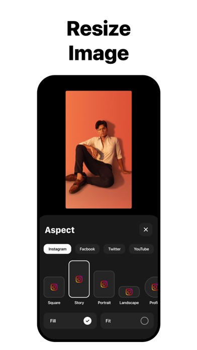 Экран Instasize с инструментом Resize Image и выбором формата для Instagram, Facebook, Twitter и YouTube