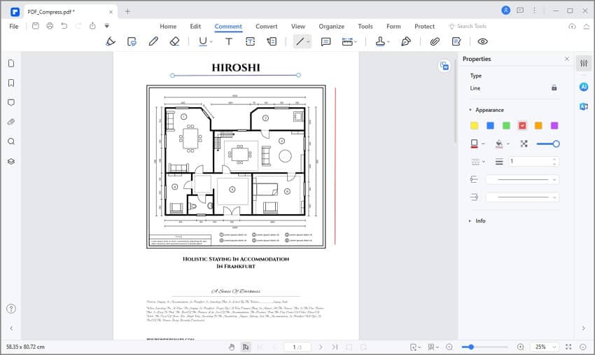 Прямая линия и панель Properties в PDFelement