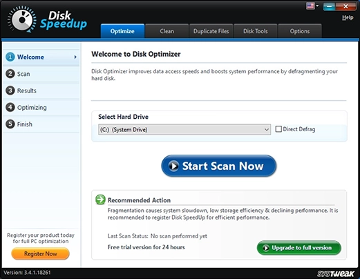 Стартовый экран Disk Optimizer в Systweak Disk Speedup