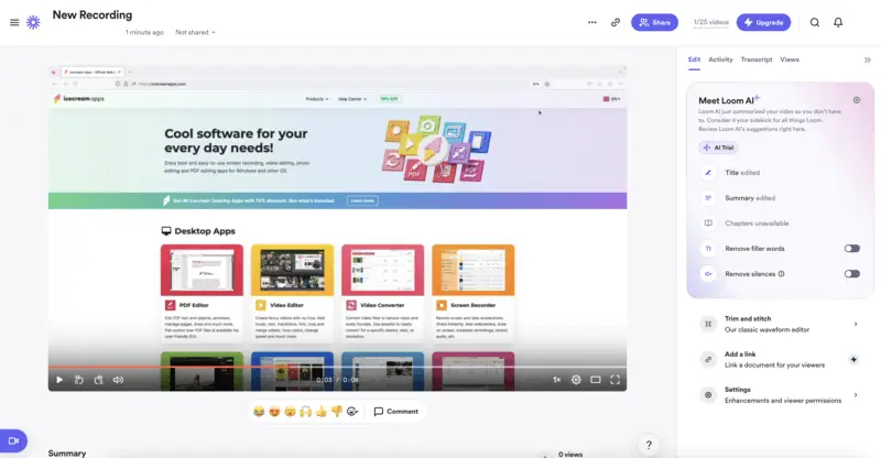 Интерфейс Loom для записи экрана