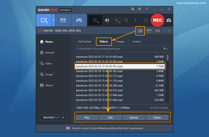 Список записанных файлов в Bandicam