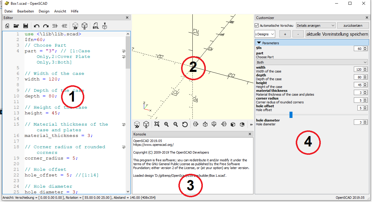Интерфейс OpenSCAD с редактором кода, предпросмотром модели и параметрами