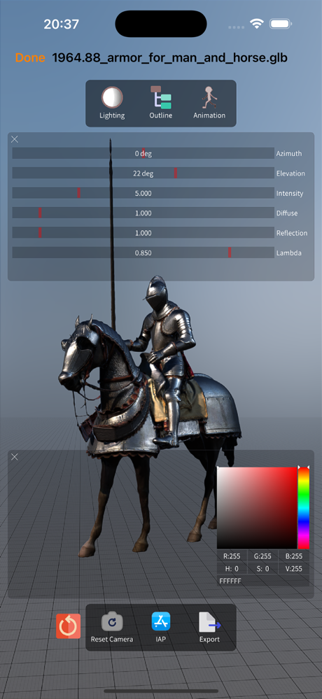 Интерфейс 3dMaster на iPhone с панелями Lighting, Outline и Animation
