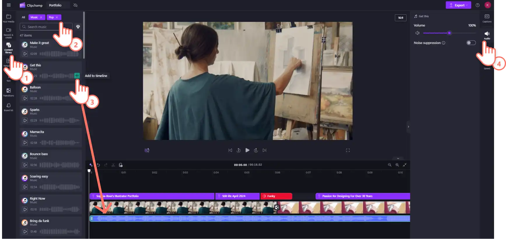 Добавление музыки из библиотеки Clipchamp на таймлайн
