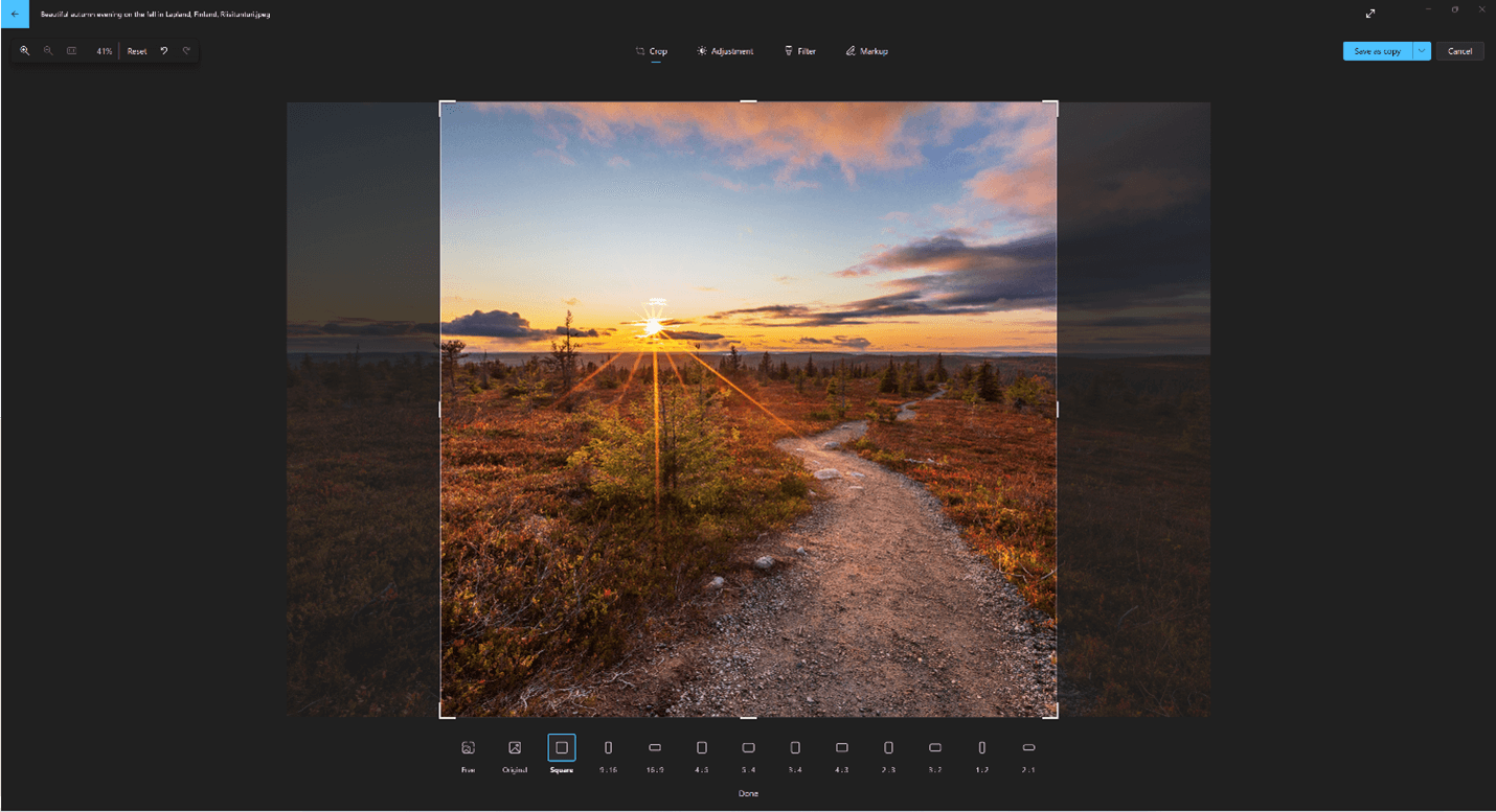 Сетка кадрирования и сравнение с оригиналом в Microsoft Photos