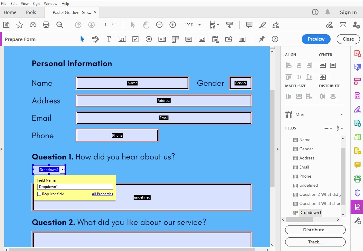 Adobe Acrobat Prepare Form с текстовыми полями и выпадающим списком