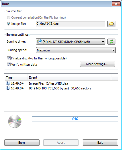 Окно Burn в PowerISO с выбором ISO, привода, скорости и Verify written data