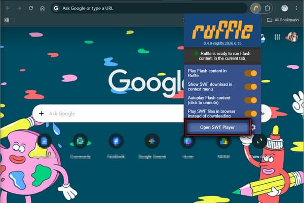 Интерфейс расширения Ruffle в современном браузере с командой Open SWF Player