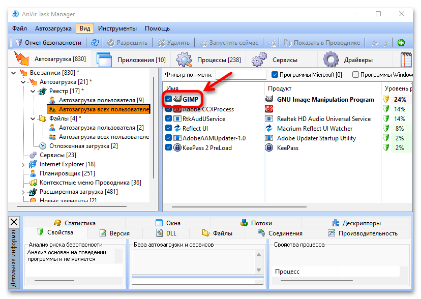 Добавленная запись в списке AnVir Task Manager