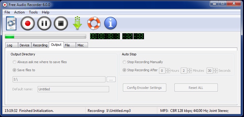 Главное окно Free Audio Recorder с вкладкой Output, настройкой папки сохранения и Auto Stop