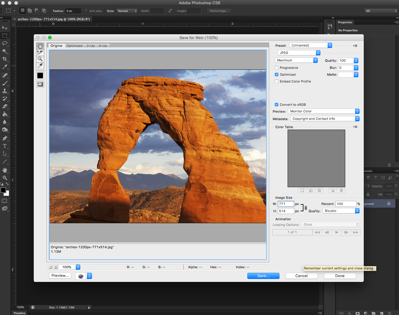 Окно Save for Web в Adobe Photoshop с выбором JPEG, качества и прогнозом размера