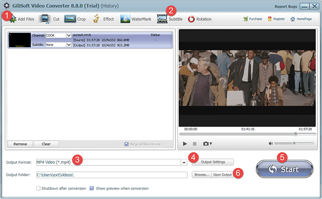 Главное окно GiliSoft Video Converter с выделенной командой Subtitle