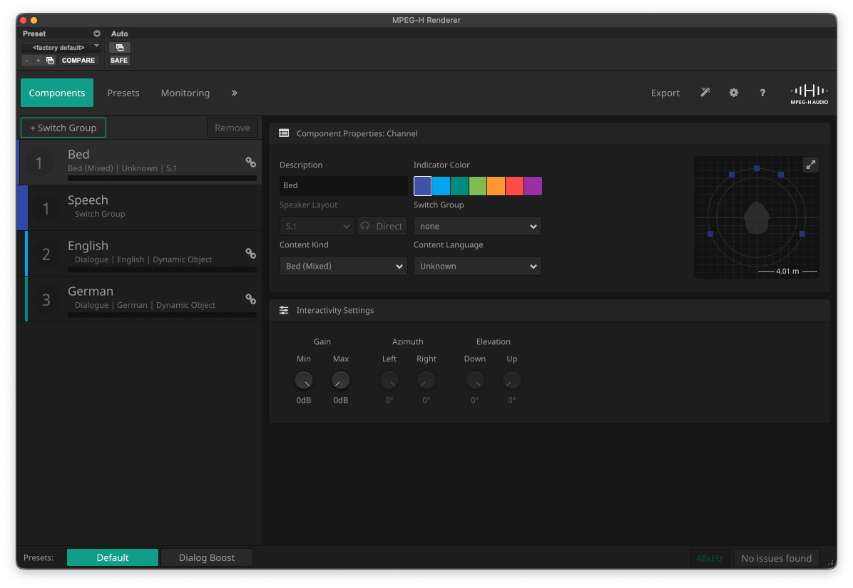 Компоненты MPEG-H-сцены после настройки в Pro Tools
