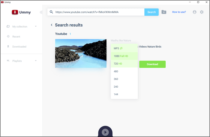Интерфейс Ummy Video Downloader с полем ссылки и выбором MP3