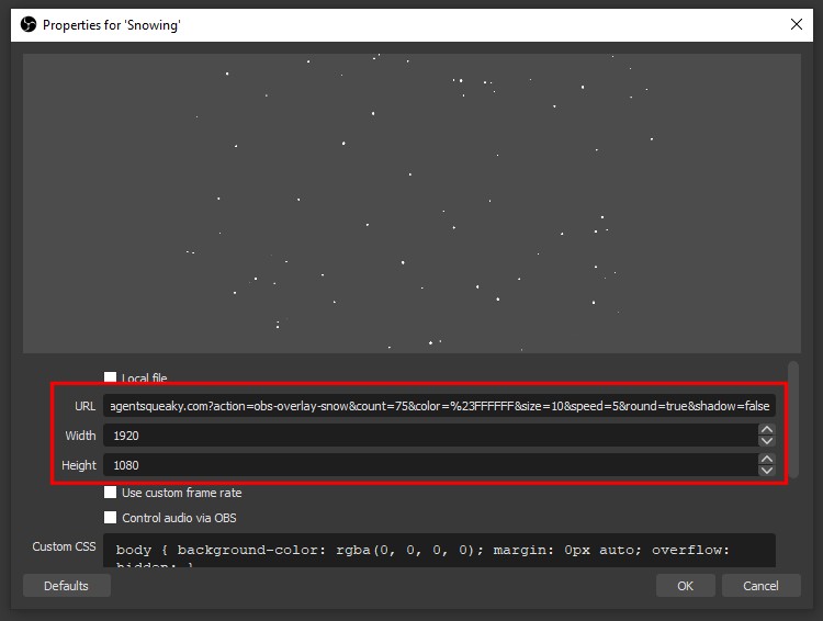 OBS Studio: свойства Browser Source с URL, Width и Height