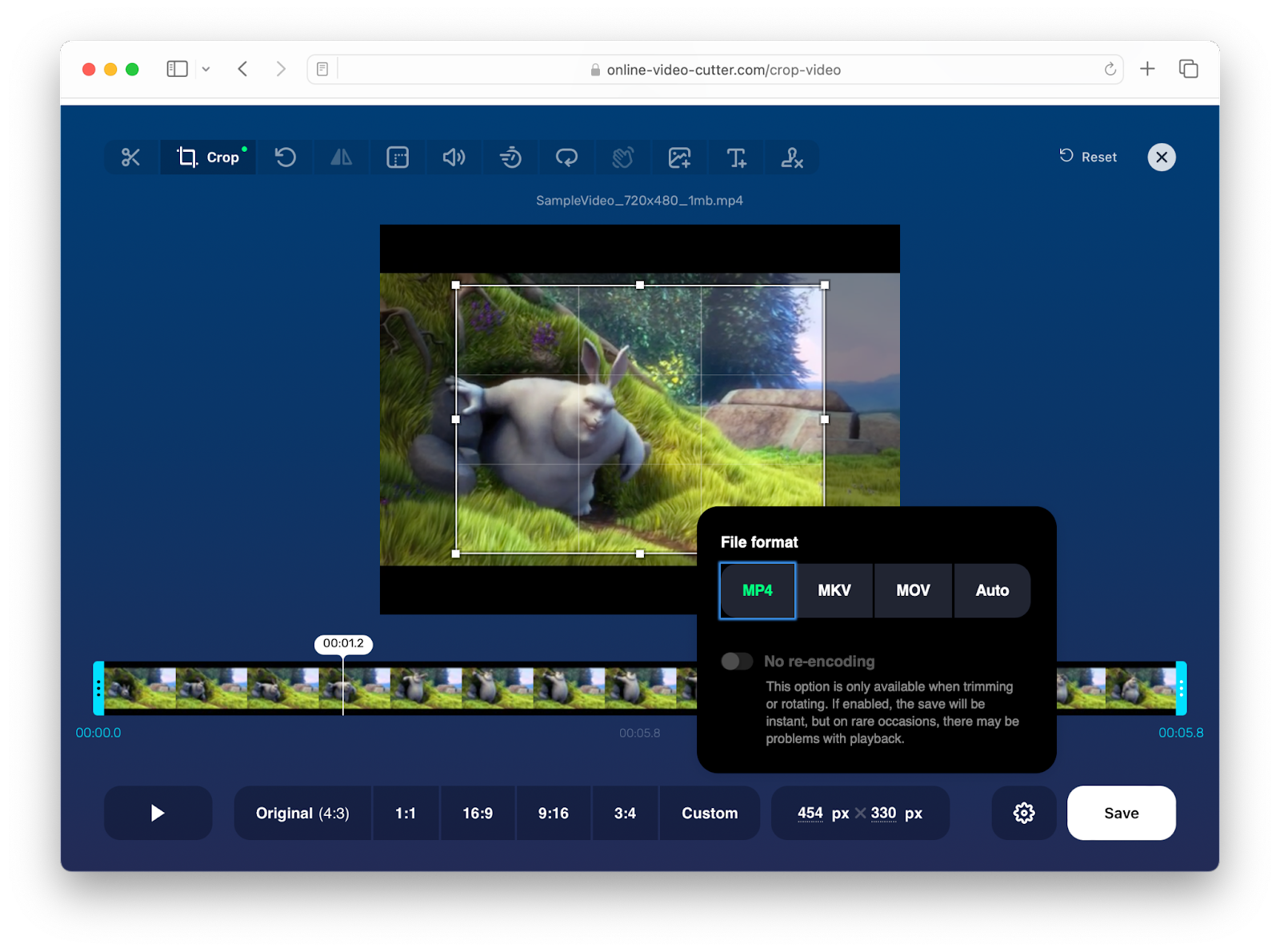 Экран экспорта Online Video Cutter с выбором формата MP4, MKV, MOV и опцией No re-encoding