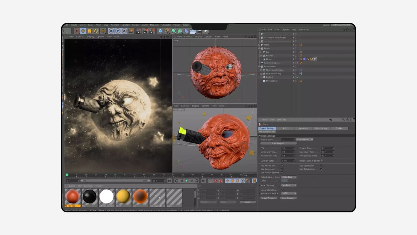Интерфейс Cinema 4D с проектом