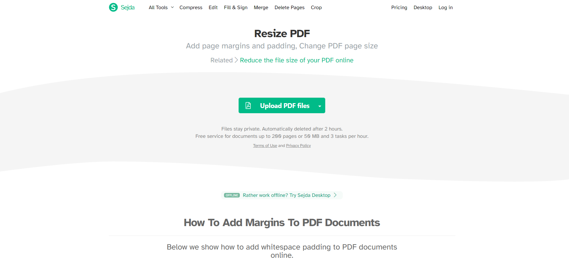 Интерфейс Sejda для изменения размера страниц PDF