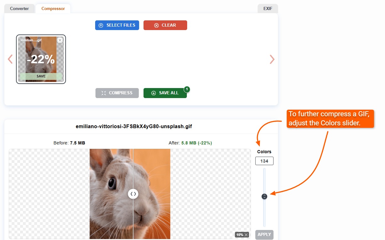 Сжатие GIF через Colors в ImageCompressor.com