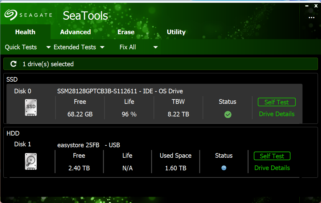 Интерфейс SeaTools с тестами накопителя