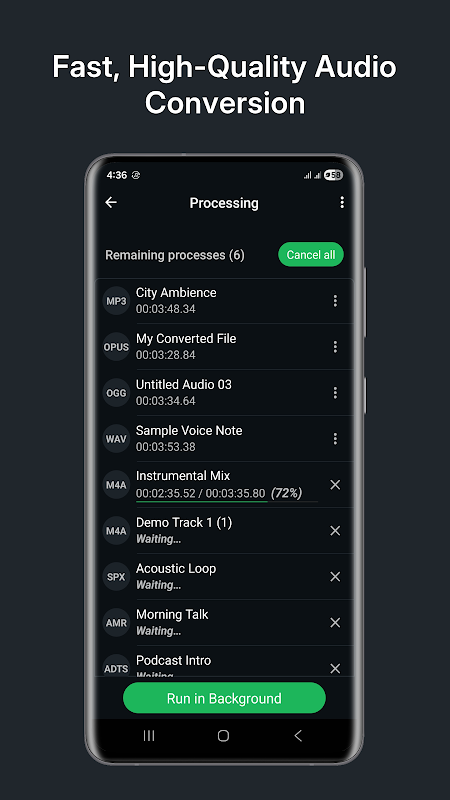 Audio Converter (MP3 AAC OPUS) Bdroid Team: экран пакетной обработки с форматами MP3, OPUS, OGG, WAV и M4A