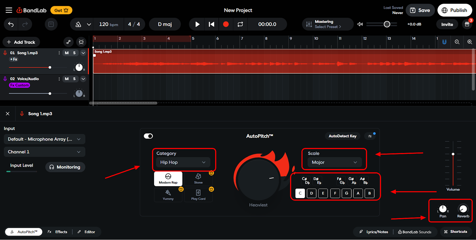 Интерфейс BandLab Studio с AutoPitch, выбором тональности и интенсивности коррекции вокала