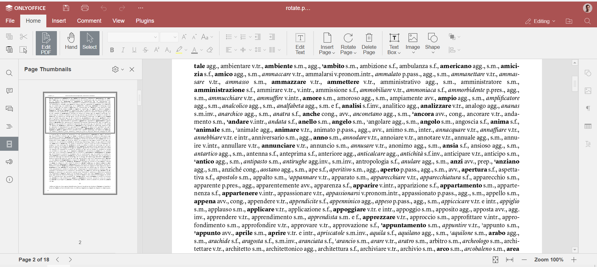 Команда поворота страницы в ONLYOFFICE PDF Editor