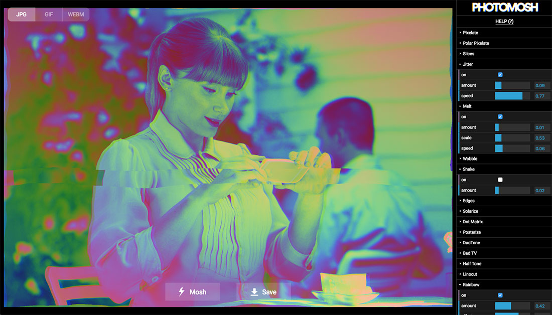 Интерфейс PhotoMosh со списком glitch-эффектов