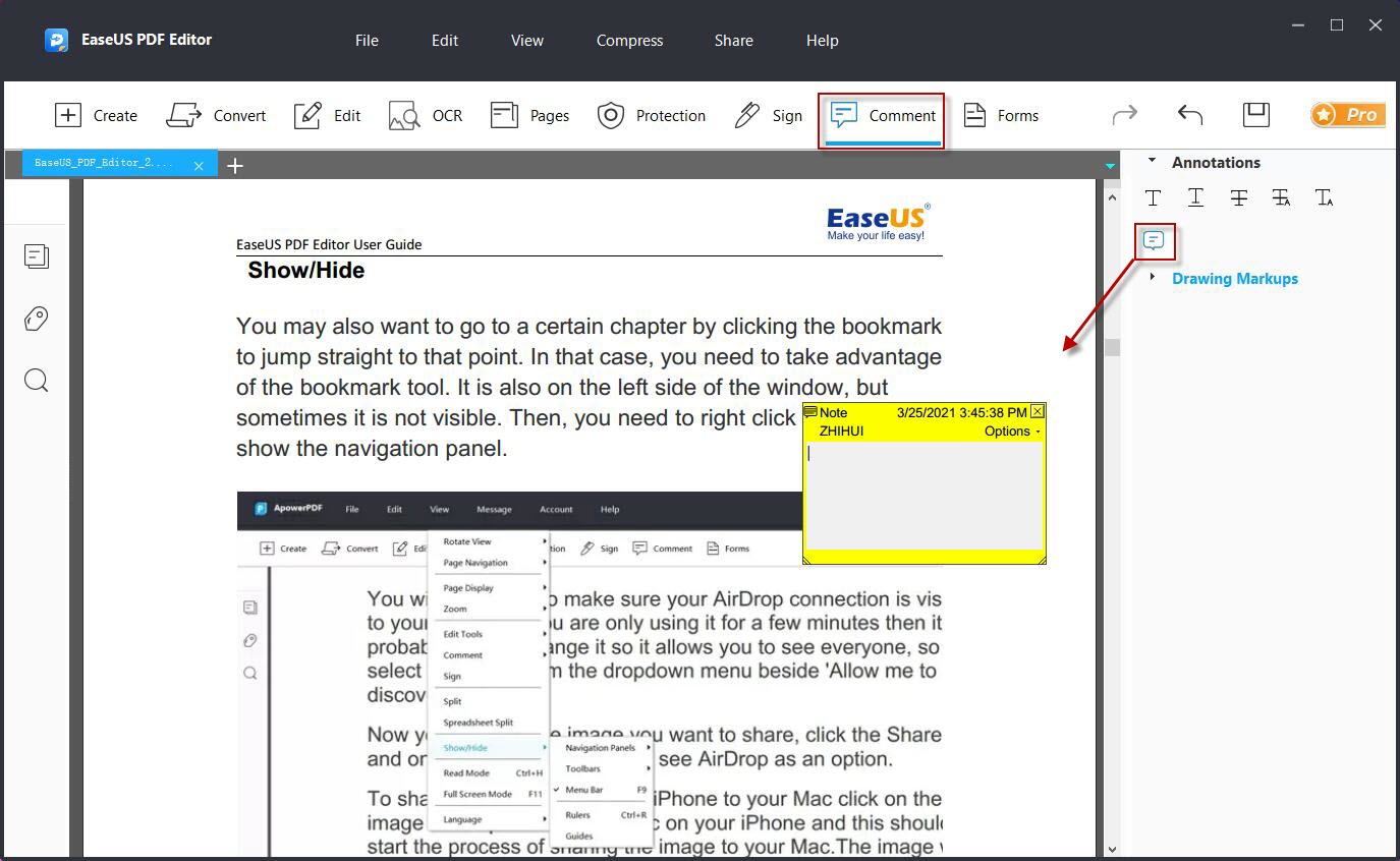 Панель комментариев и заметка в EaseUS PDF Editor
