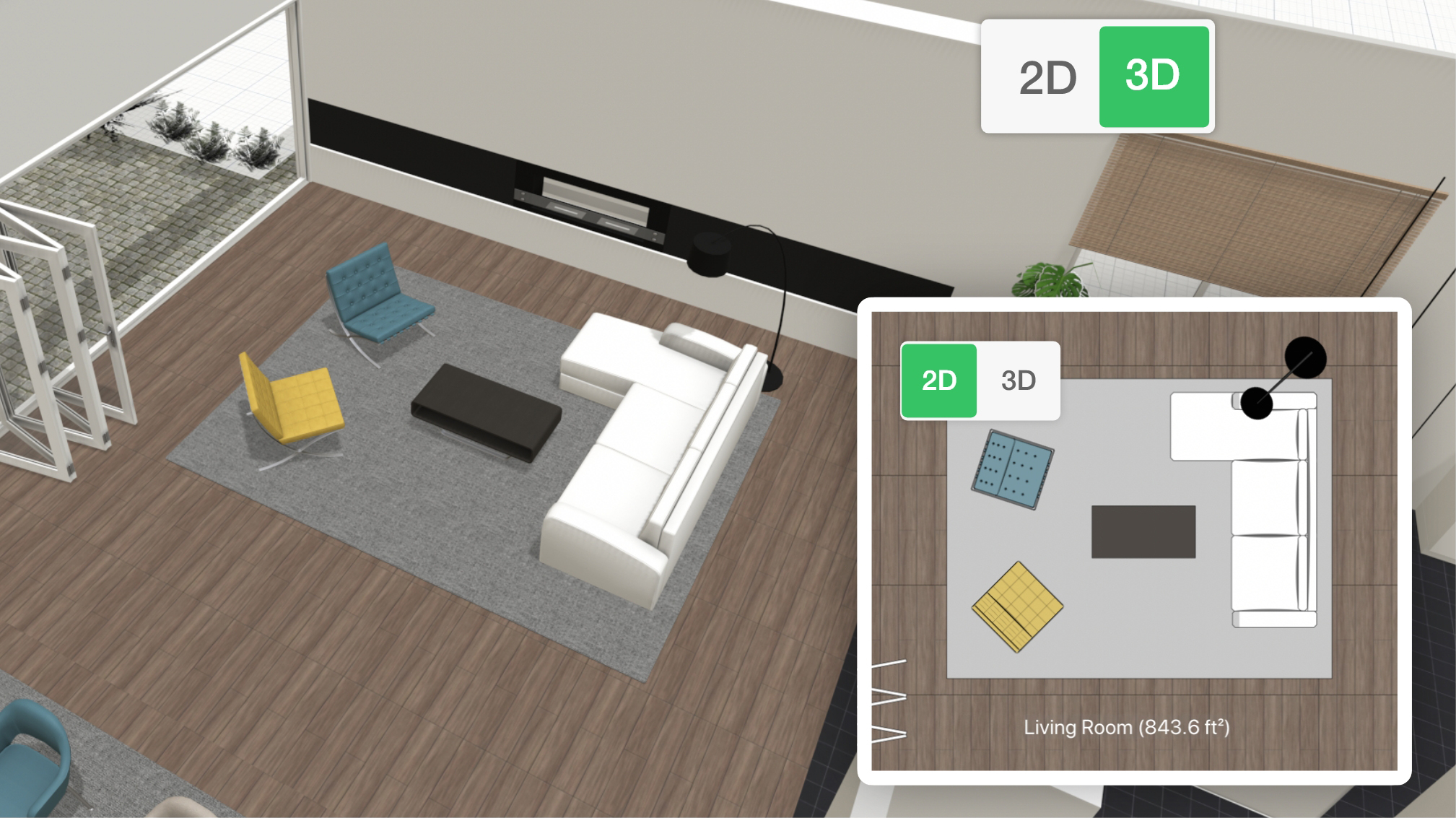 Planner 5D с переключением между 2D-планом и 3D-представлением комнаты