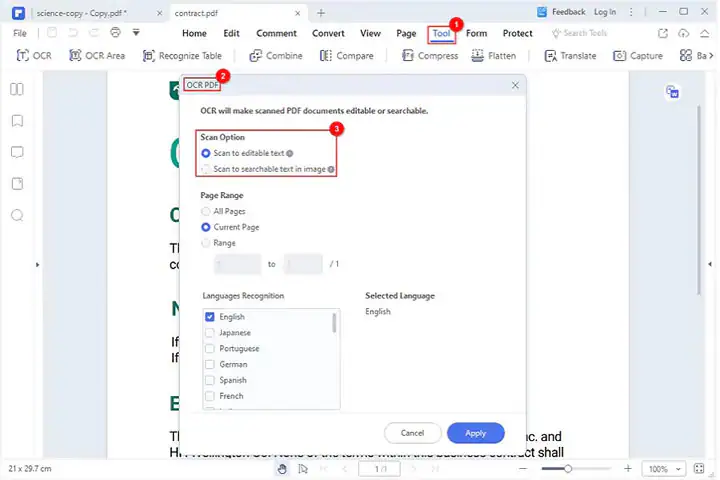 Окно OCR в PDFelement с настройками распознавания