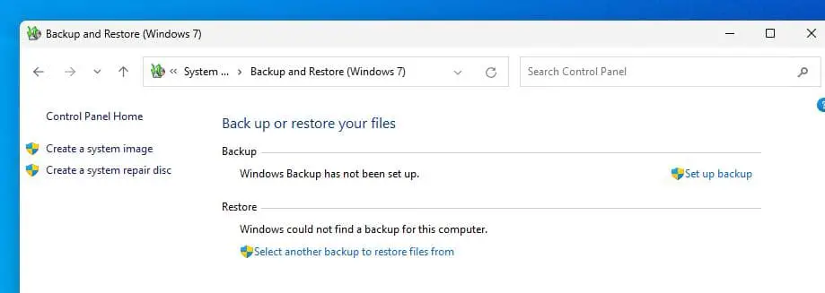 Раздел резервного копирования и восстановления Windows