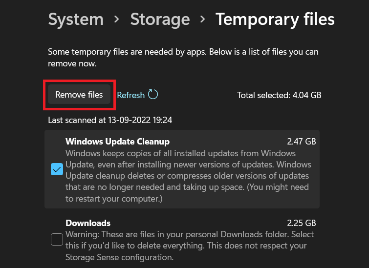 Кнопка Remove files после выбора временных файлов Windows 11