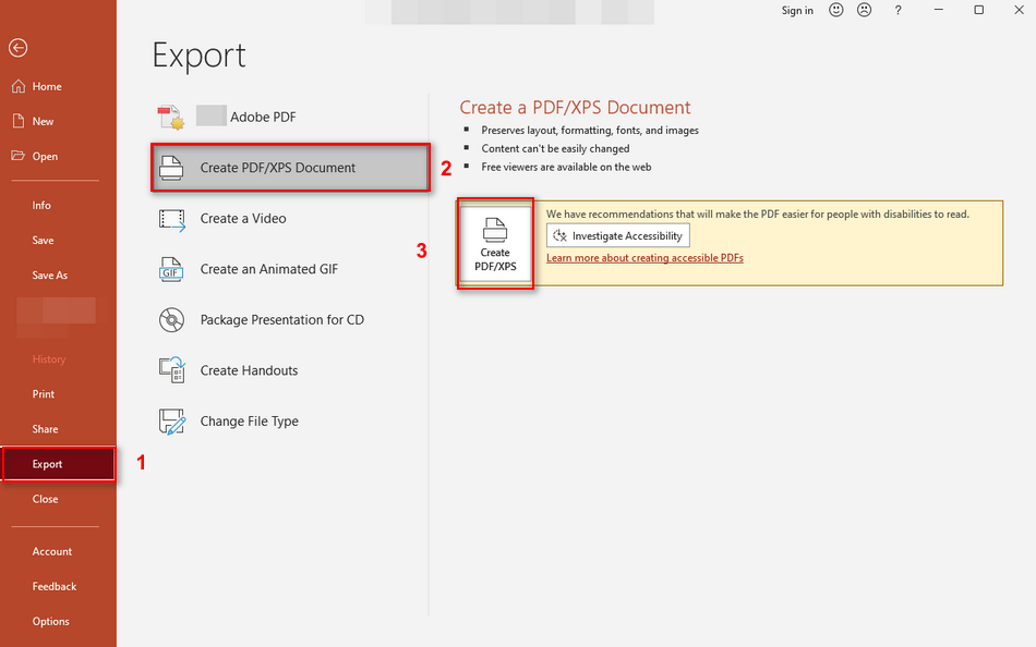 Экспорт презентации Microsoft PowerPoint через Create PDF/XPS Document