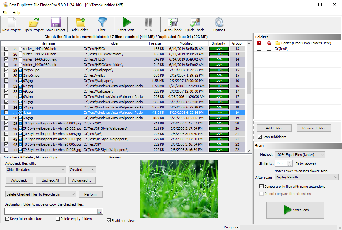Интерфейс Fast Duplicate File Finder со списком групп дубликатов