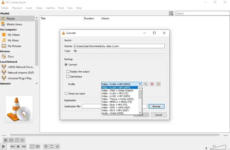 Окно Convert VLC с выбором профиля MP4