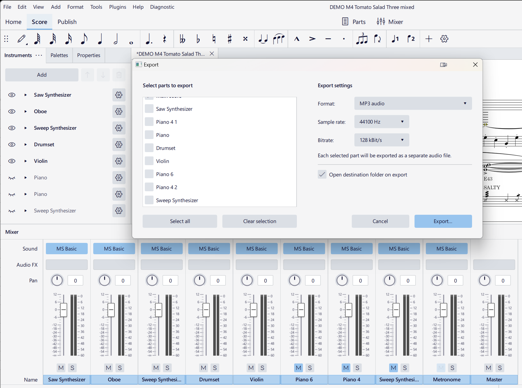 Окно Export MuseScore Studio с форматом MP3 audio
