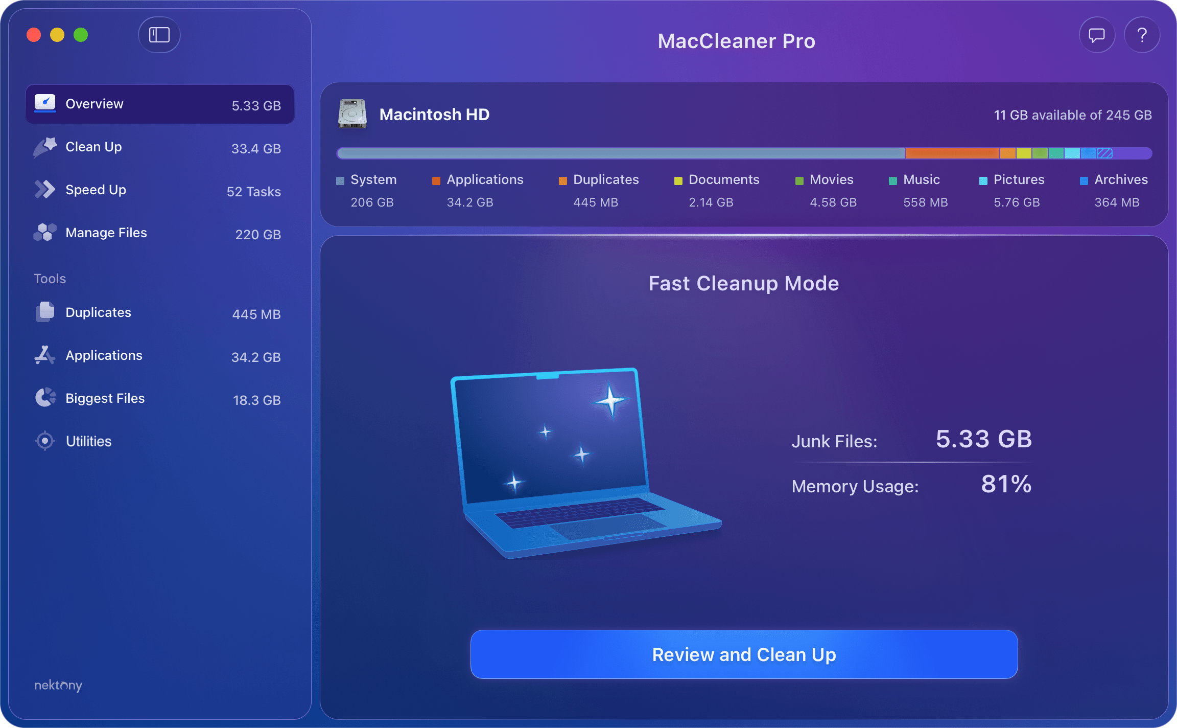 Обзорный экран MacCleaner Pro с быстрым режимом очистки