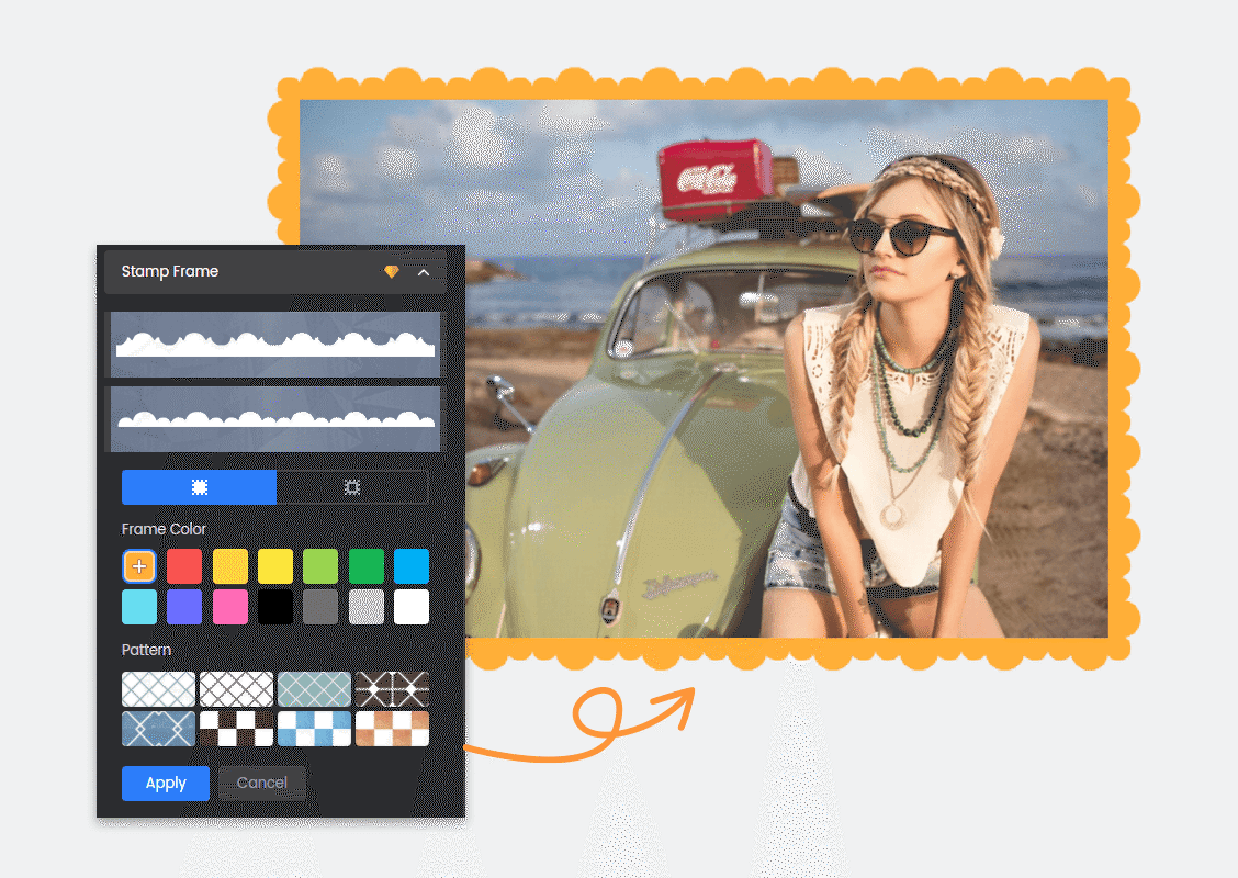 Интерфейс Fotor с панелью настройки Stamp Frame