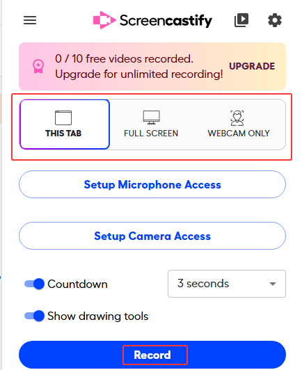 Окно Screencastify с режимами This Tab, Full Screen и Webcam Only