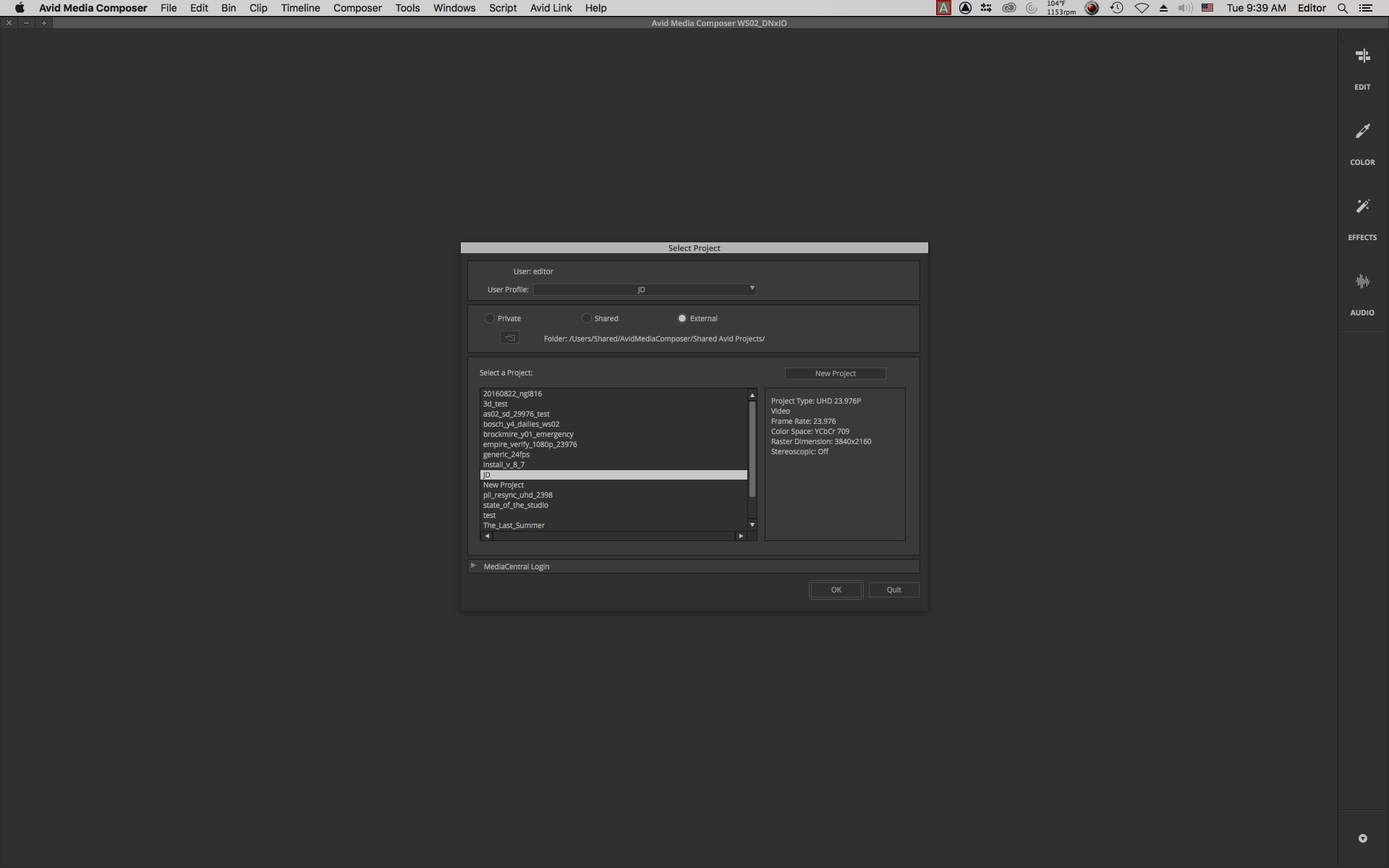 Окно выбора проекта Avid Media Composer