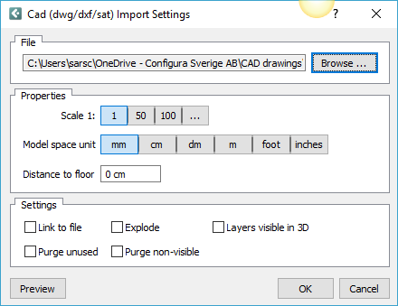 Диалог Cad (dwg/dxf/sat) Import Settings в Configura 9.9.8