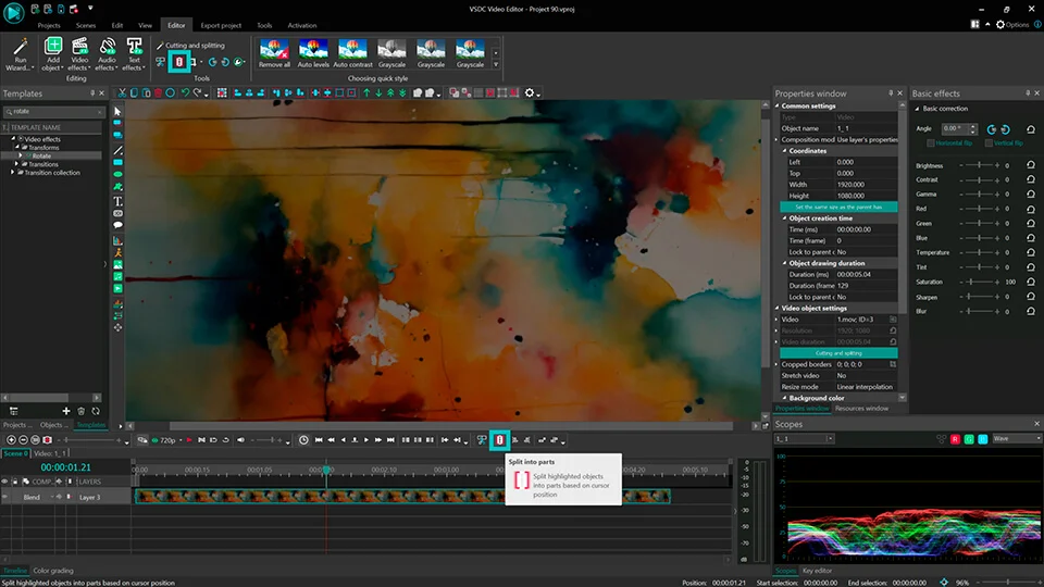 Кнопка Split into parts и клип на таймлайне VSDC Free Video Editor