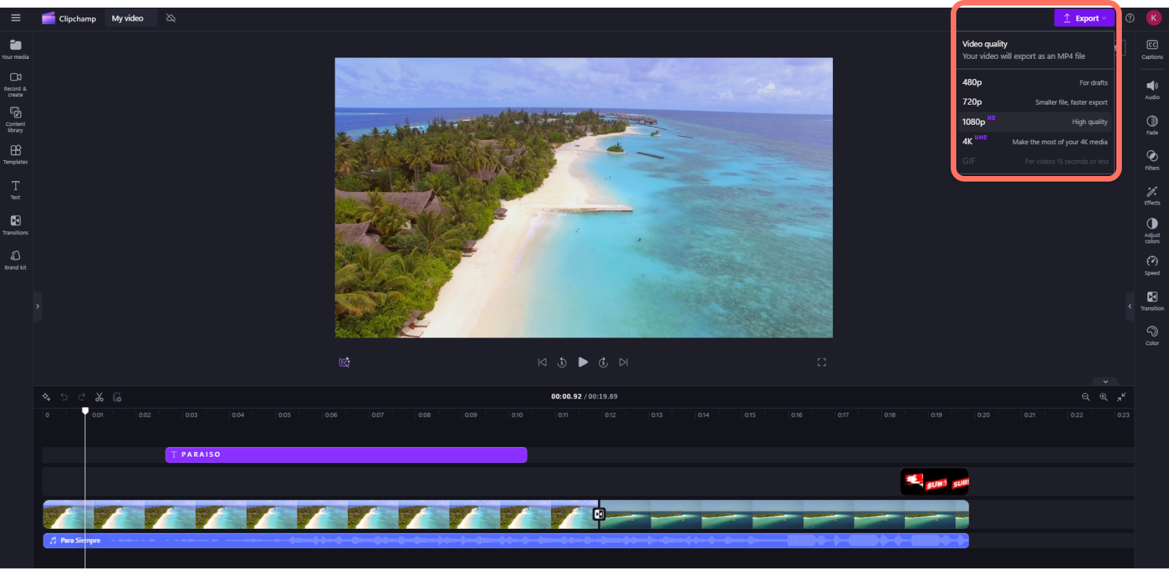 Экспорт готового видео в Clipchamp