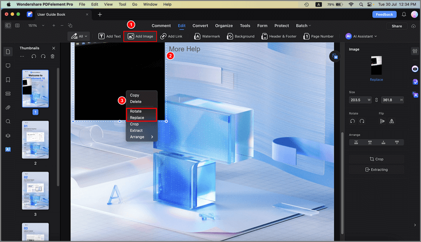 Команда Replace для замены изображения в PDFelement на Mac