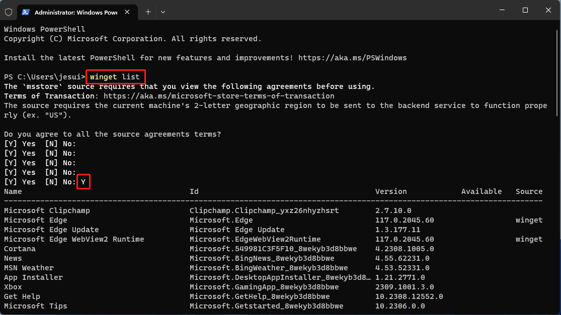 Команда winget list в Windows Terminal показывает установленные приложения