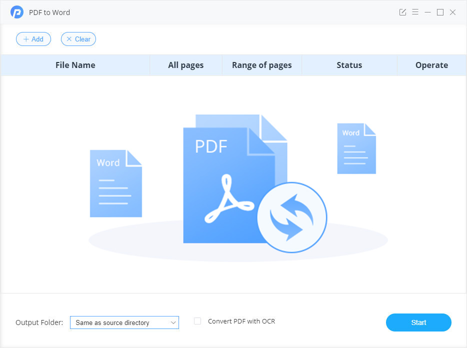 Интерфейс PDFMate PDF to Word Converter с выбором диапазона страниц и OCR